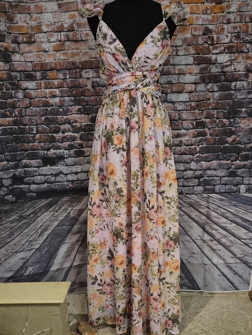 SHEIN Pink and Yellow Floral Maxi Dress with V-Neck and Ruffled Straps